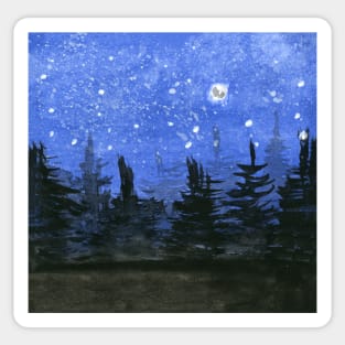 Moonlight at the Forest. Original Watercolor Painting Sticker